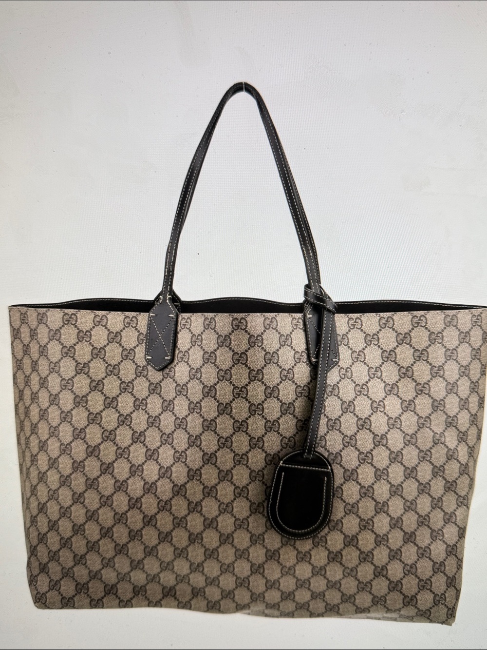 Gucci Beige GG Canvas Tote with Brown Leather Trim